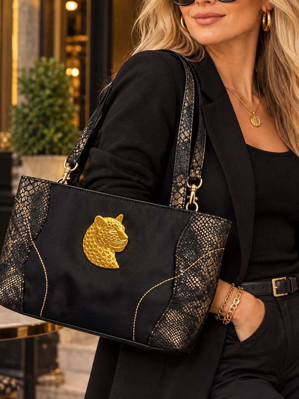 Marlo Black Gold Jaguar Leopard Tote Crossbody Snakeskin Bag